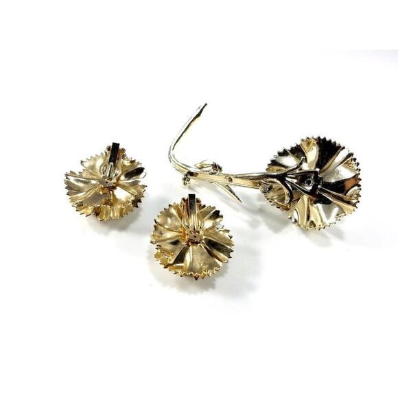 Vintage White Enamel Flower Brooch & Clip Earrings Set Gold Tone AB Rhinestones - Picture 2 of 10